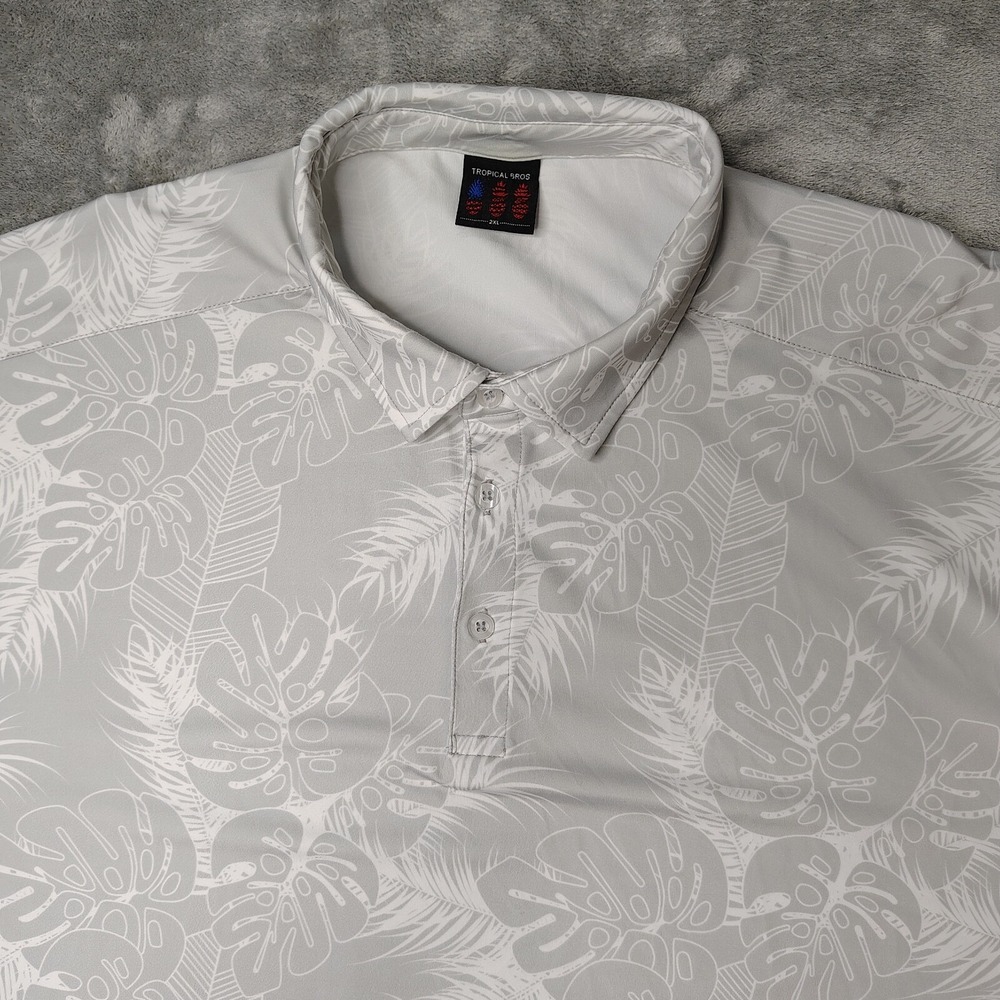Tropical Bros Golf Polo Shirt Mens 2XL Grey Tropical Leaf Performance Stretch